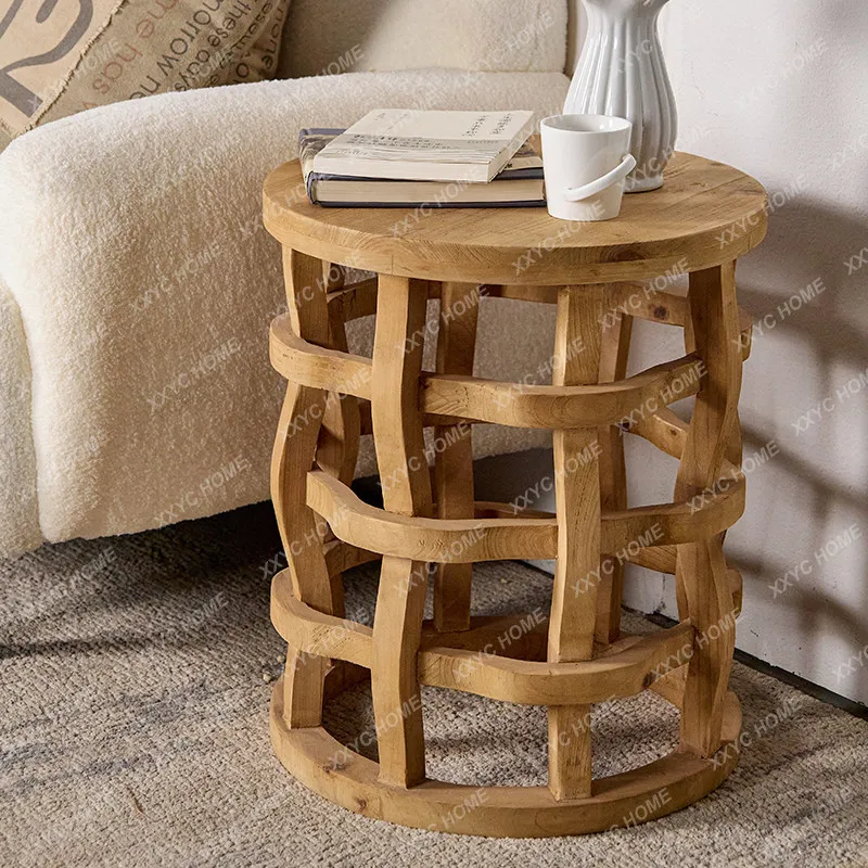 XXFactory Direct Solid Wood Round Small Coffee Table Retro Log Nordic Style Small Unit Corner Table