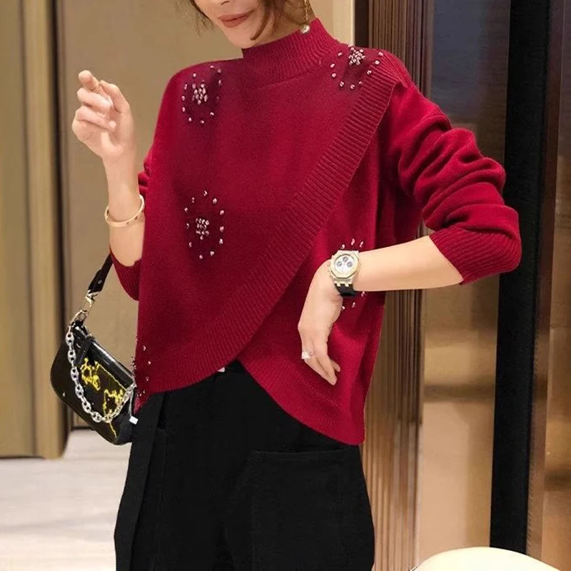 Clothes for Women Korean Fashion Beading Half High Collar Chic Knitted Sweater Autumn Winter Irregular Long Sleeve Pullover Tops