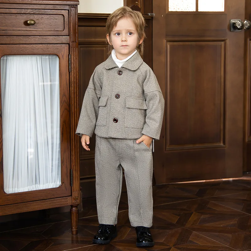 Children Blazers Set Fall Winter Thick Casual British Style Boys Suits for Weddings Gray Piano Performance Costume 2 To 12 Years