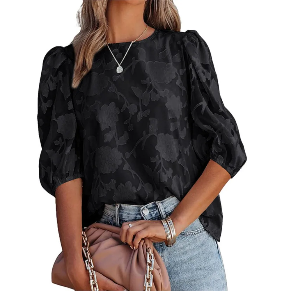 

Ladies Round Neck Half Sleeved Pullover Shirt 2024 Women's Summer New Item Bubble Sleeve Chiffon Loose Top Flower Texture Blouse