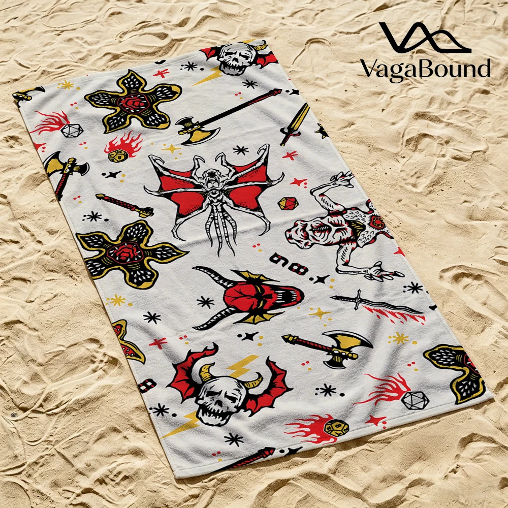 Toalla de playa con diseño de tatuaje de Stranger Things, toalla de baño de microfibra de secado rápido con dibujos animados para nadar, surfear, acampar, unisex, para vacaciones