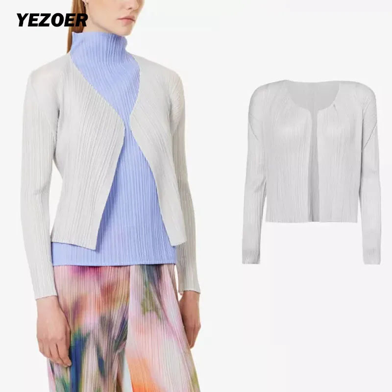 

Miyake Pleated Please Women's Pleated Cardigan Short Jacket Long Sleeve Coat