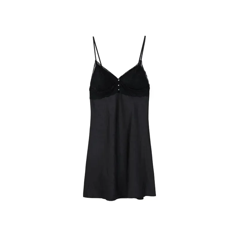 Women's Black Lace Satin Camisole Nightdress Sleeveless Pearl Button Sleepwear M-2XL