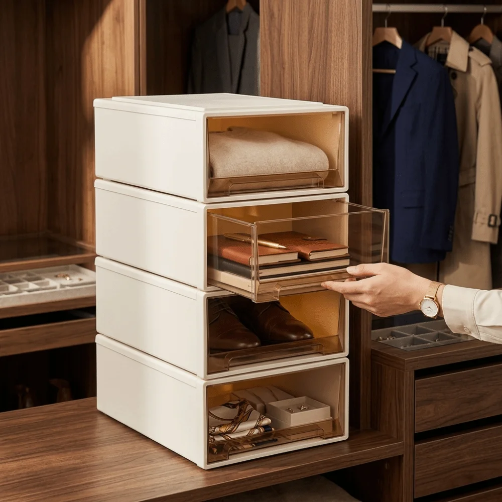 Drawer-Type Underwear Storage Box Dopamine Style Sturdy Lightweight Plastic Closet Organizer Smooth Pull-Out Drawer Stackable