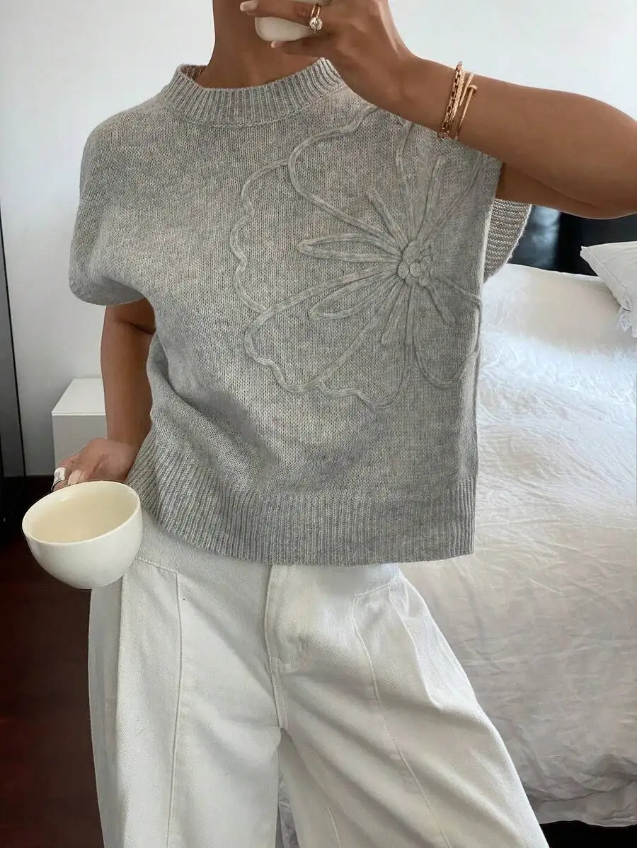 

Женский серый вязаный топ с короткими рукавами и 3D-вышивкой в виде цветов, повседневная летняя одежда
