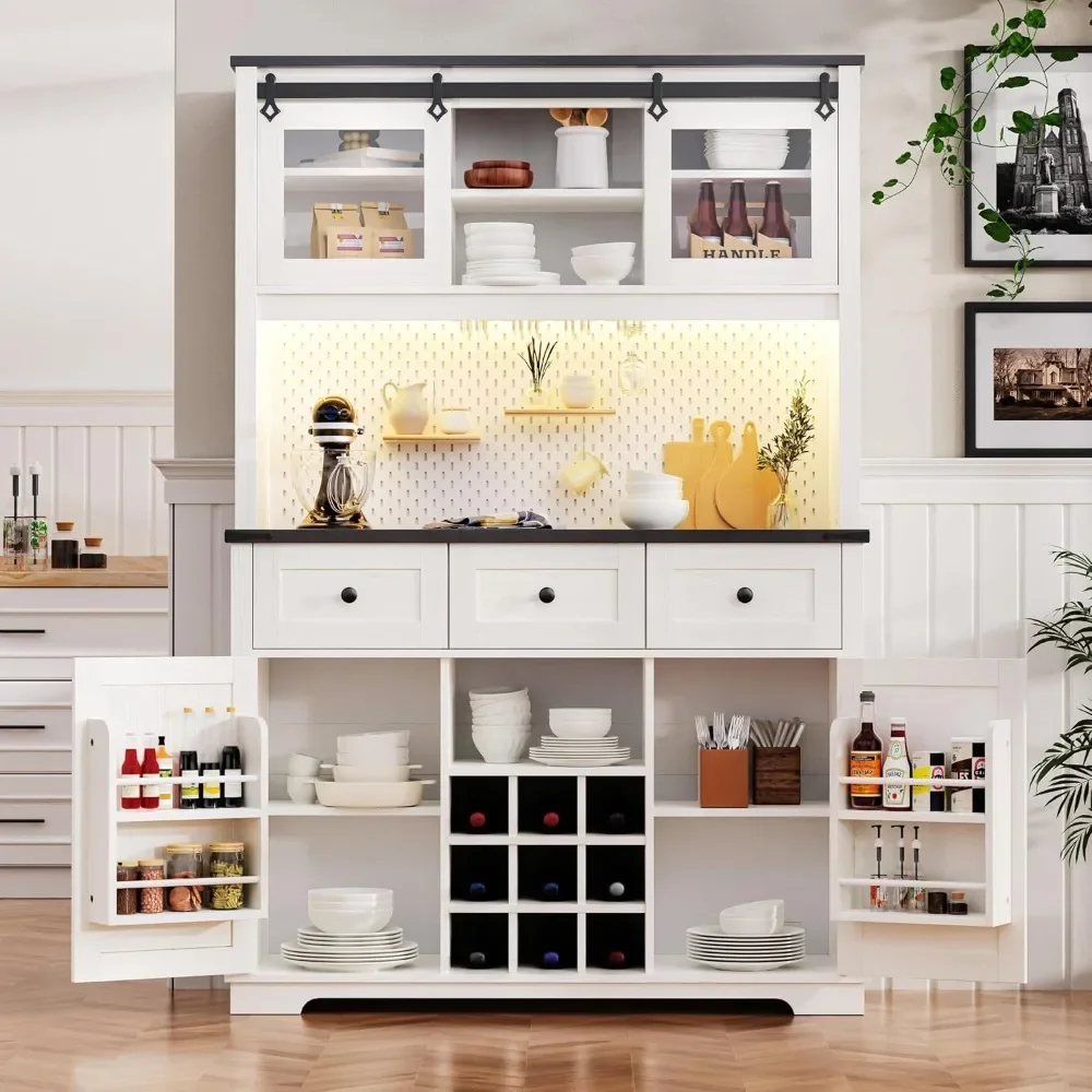 Farmhouse Kitchen Pantry Storage Cabinet Coffee Bar Cabinet with Power Outlet,Hutch Cupboard for Dining Room