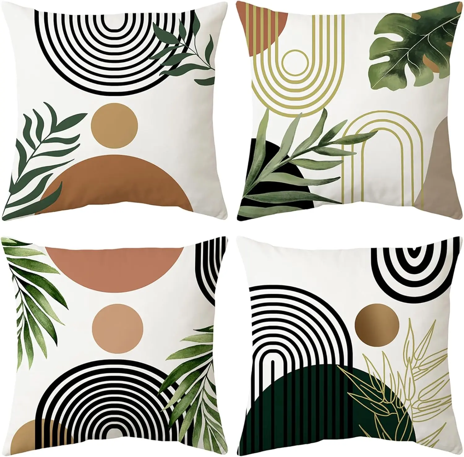 4pcs Geometric Leaf Cushion Covers, Modern Arch & Circle Print Pillow Cases for Sofa Bedroom Living Room Decor 45x45cm