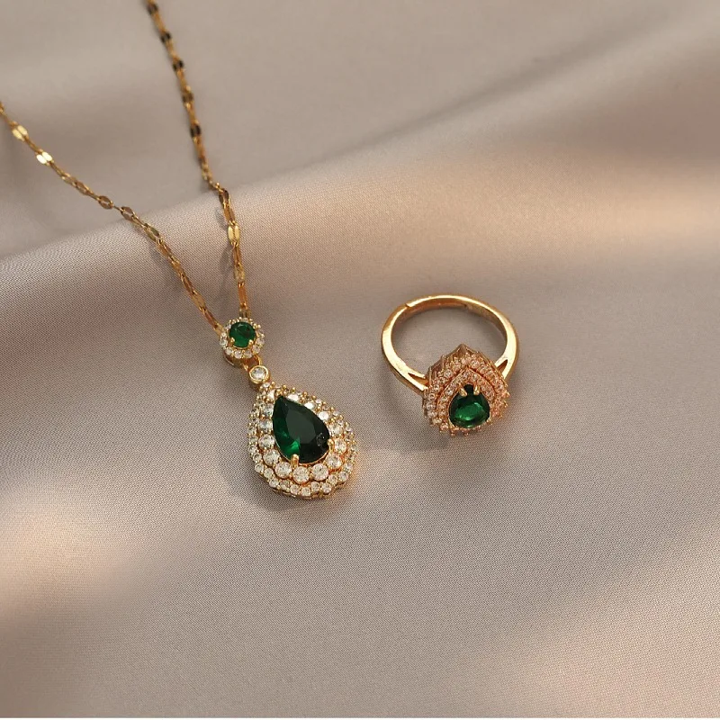 Temperament Water Drop Emerald Pendant Necklace for Women Charm Gold Color Stainless Steel Zircon Choker Ring Bride Jewelry Set