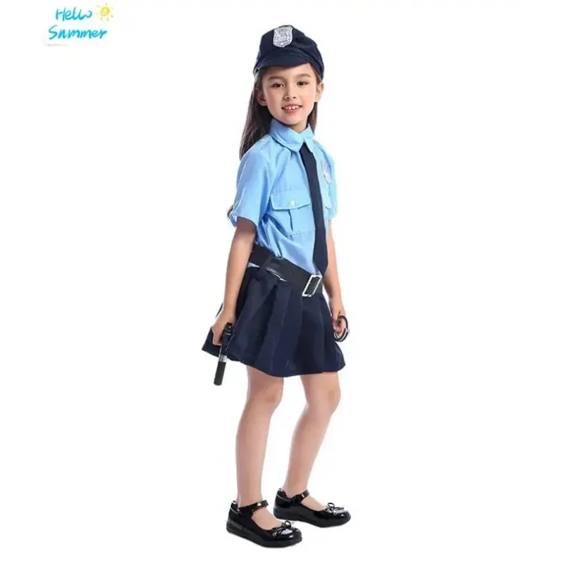 Lindo disfraz de Halloween para niñas, pequeño oficial de policía, disfraz de cosplay para niños, uniforme de policía más fresco azul, disfraz de Carnaval