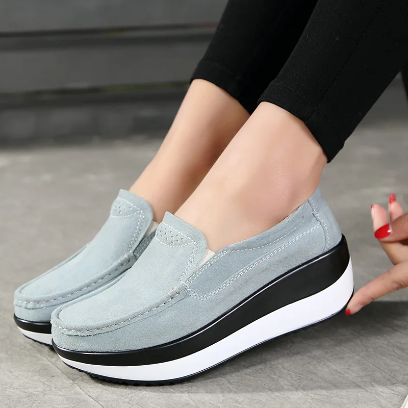 Women Flat Platform Loafers Ladies Elegant Suede Leather Moccasins Shoes Woman Slip On Moccasin Women\'s Blue Casual Shoes