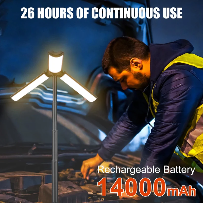 Akumulatorowa lampa kempingowa 3000mAh ze statywem, bezprzewodowa lampa robocza z 3 głowicami LED, latarka awaryjna z odłączanym statywem