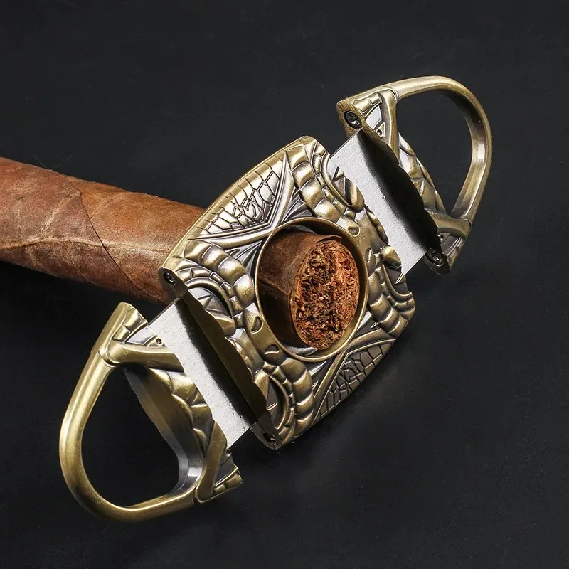 Luxury Embossed Cigar Cutter Sharp Double Blades Cigar Scissors Metal Guillotine Cigar Knife Smoking Accessories