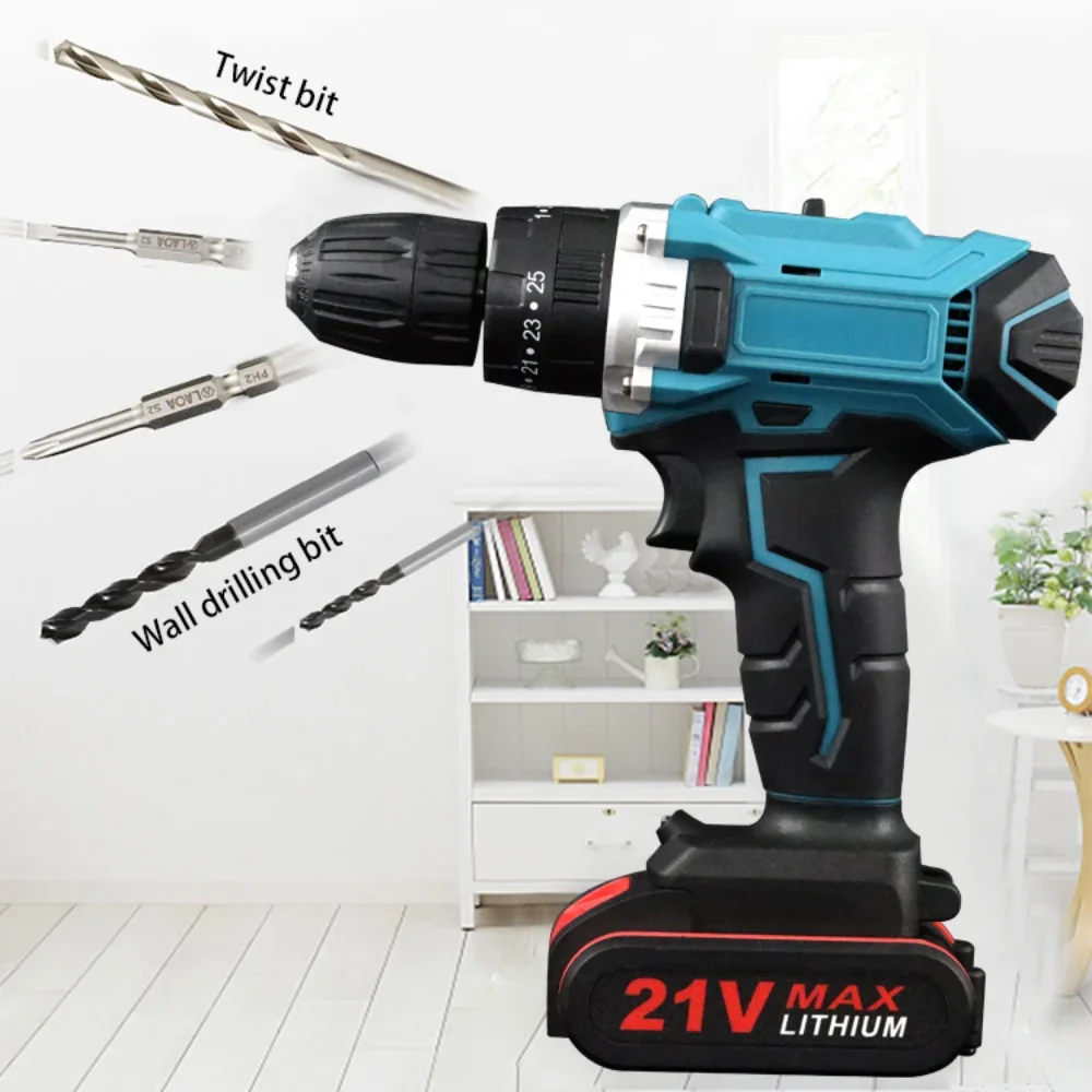 21V 1000W Electric Impact Drill 2 in 1 Electric Cordless Lithium-Ion Battery 2 Speed Power Tools Mini Electric Power Screwdriver