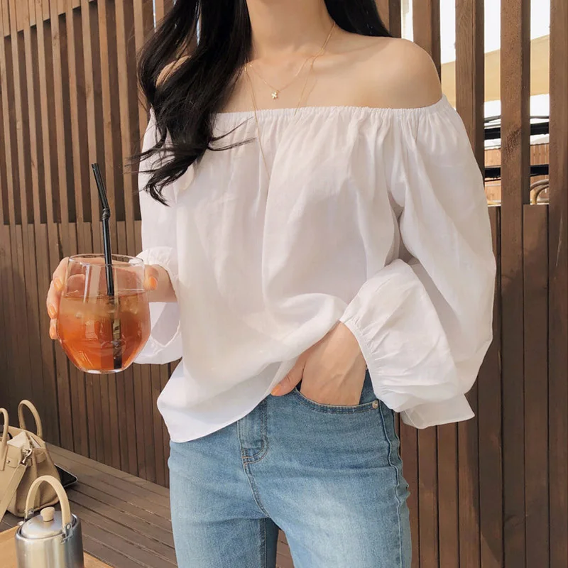 Open Off Shoulder Tops Woman Clothes Casual Preppy Style Girls Cute Sweet White Shirt Black Boat Neck Loose Short Top Blosas