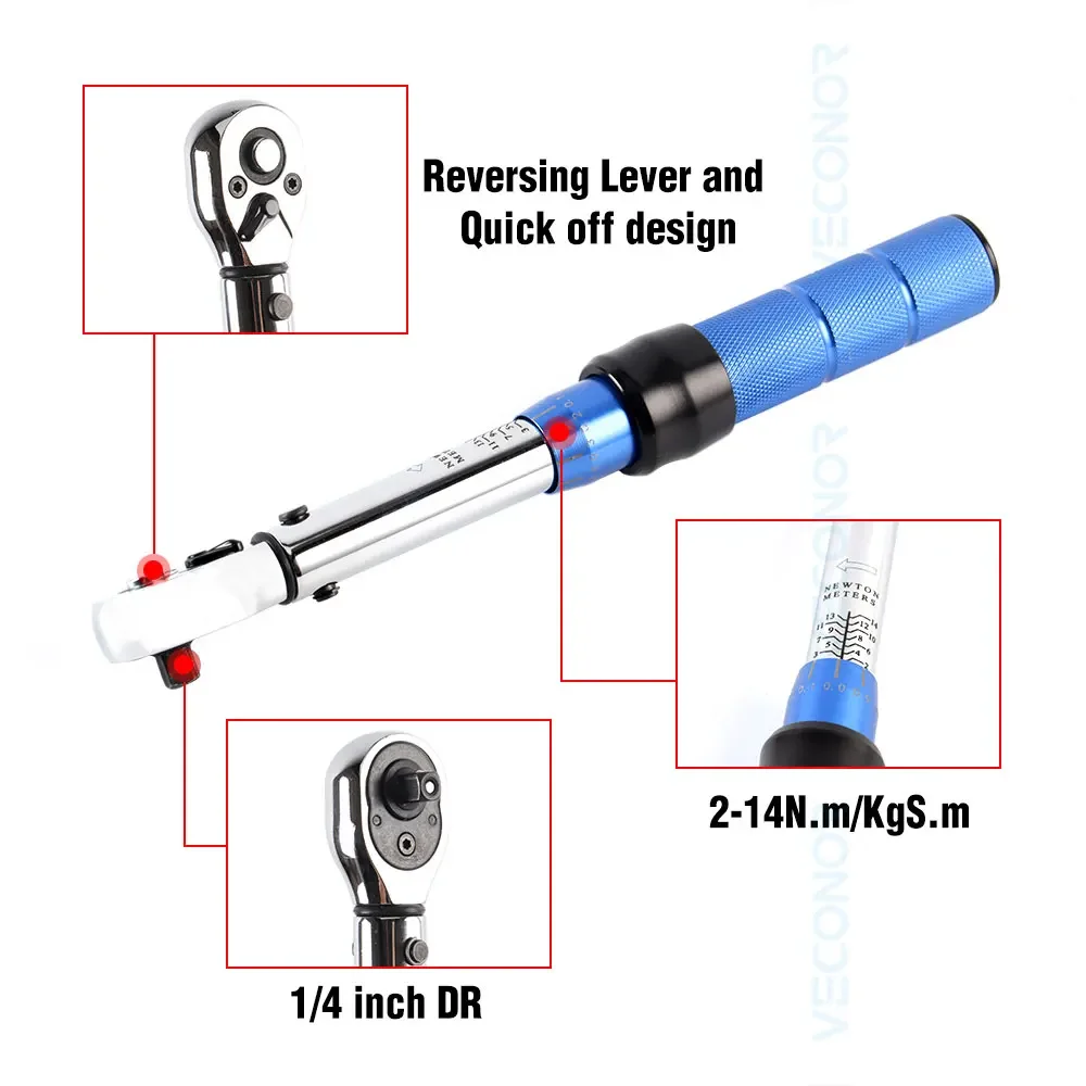 2-14Nm Preset Torque Wrench 1/4 inch Drive Mirror Polish High Accuracy with Plastic Case for Bicycle Car Repair