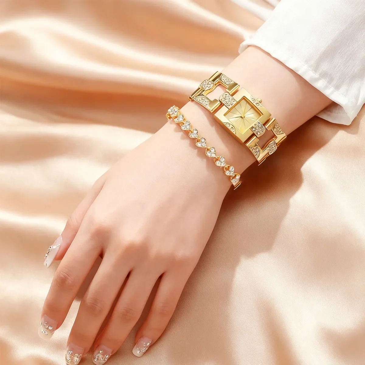 

Набор из 2 предметов: винтажные женские часы-браслет из сплава, кварцевые часы с квадратным циферблатом и браслетом, комплект для женщин