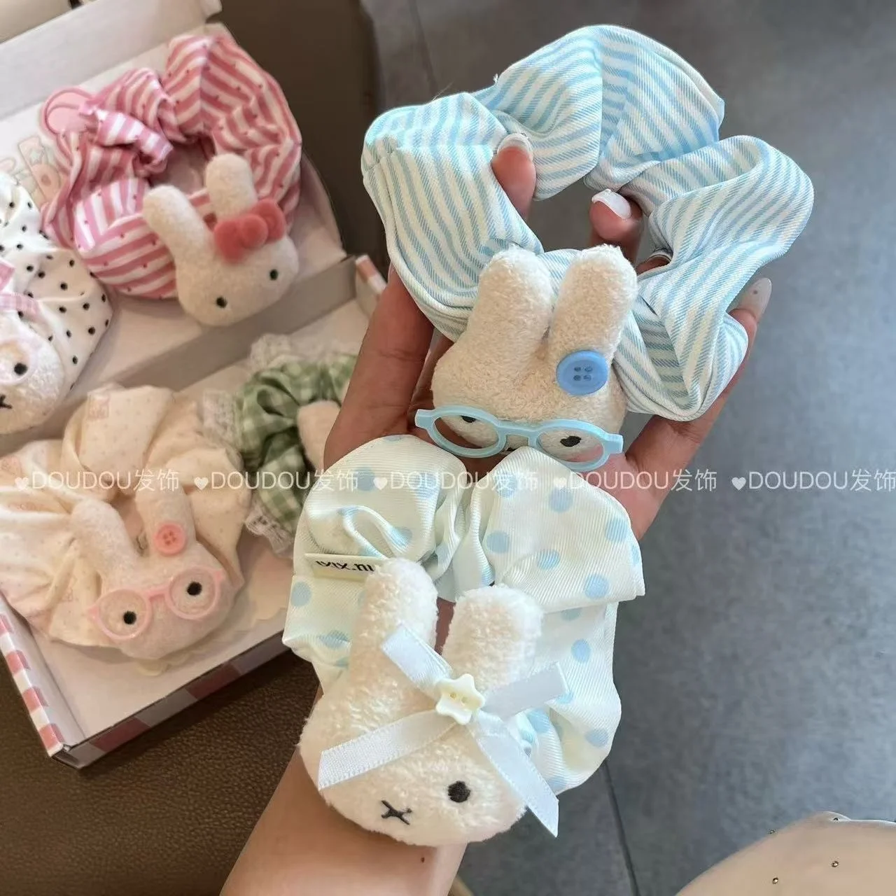 Cute White Rabbit Fabric Scrunchies Sweet Girl Hair Elastic Trendy Ponytail Bun Headwear Matching Christmas Present For Bestie view 3