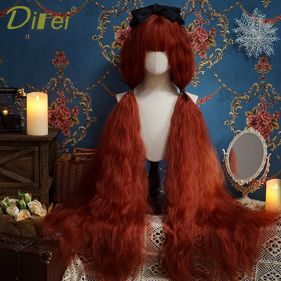 120cm longo ondulado cabelo perucas sintéticas feminino vermelho marrom coaplay lolita peruca com franja perucas de cabelo natural feminino fibra