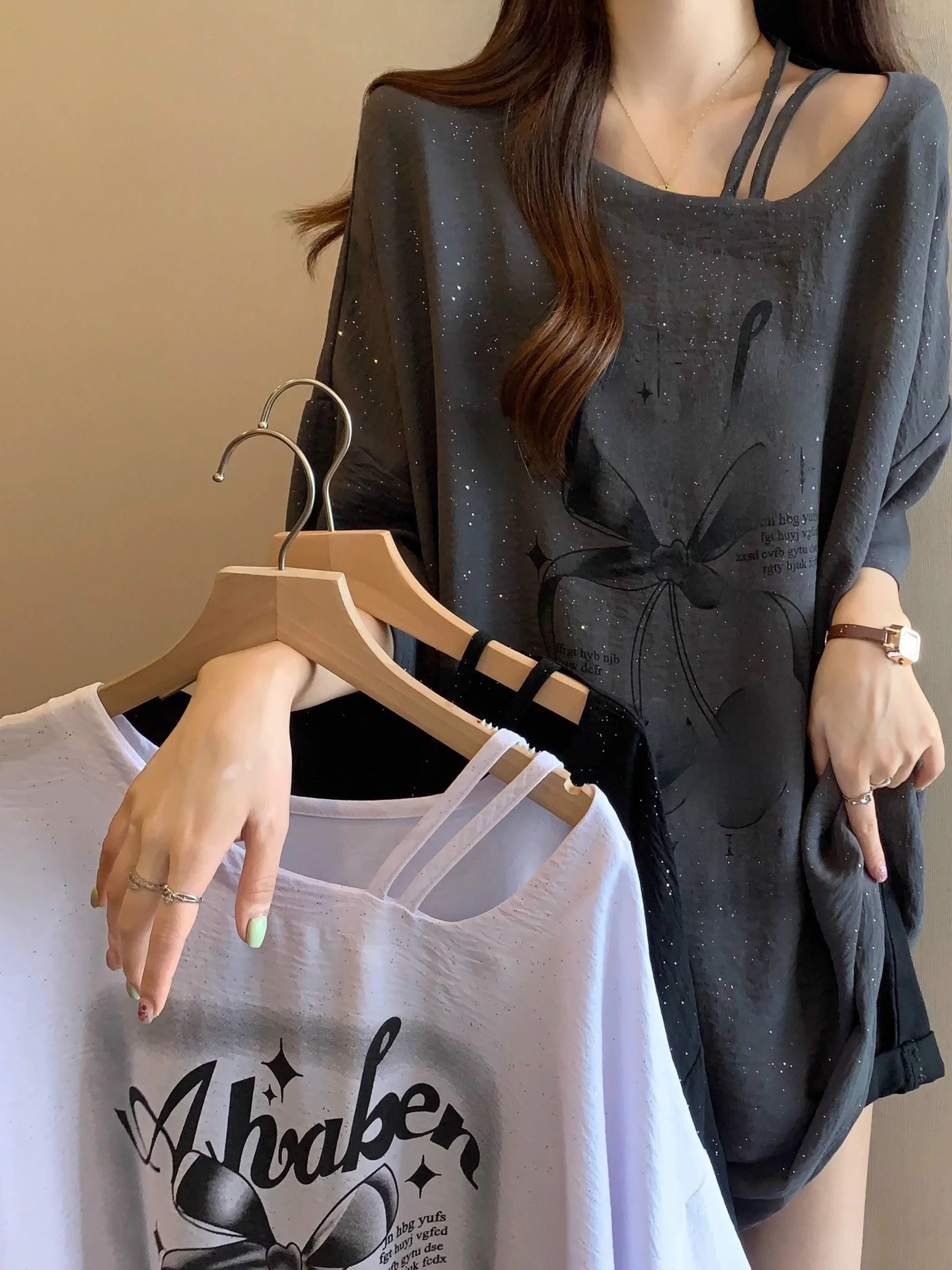 Glitter Short Sleeve T-Shirt plus Size Women's Summer Slimming Mid-Length Loose Butt Covering Top Casual Style Printed Creati...