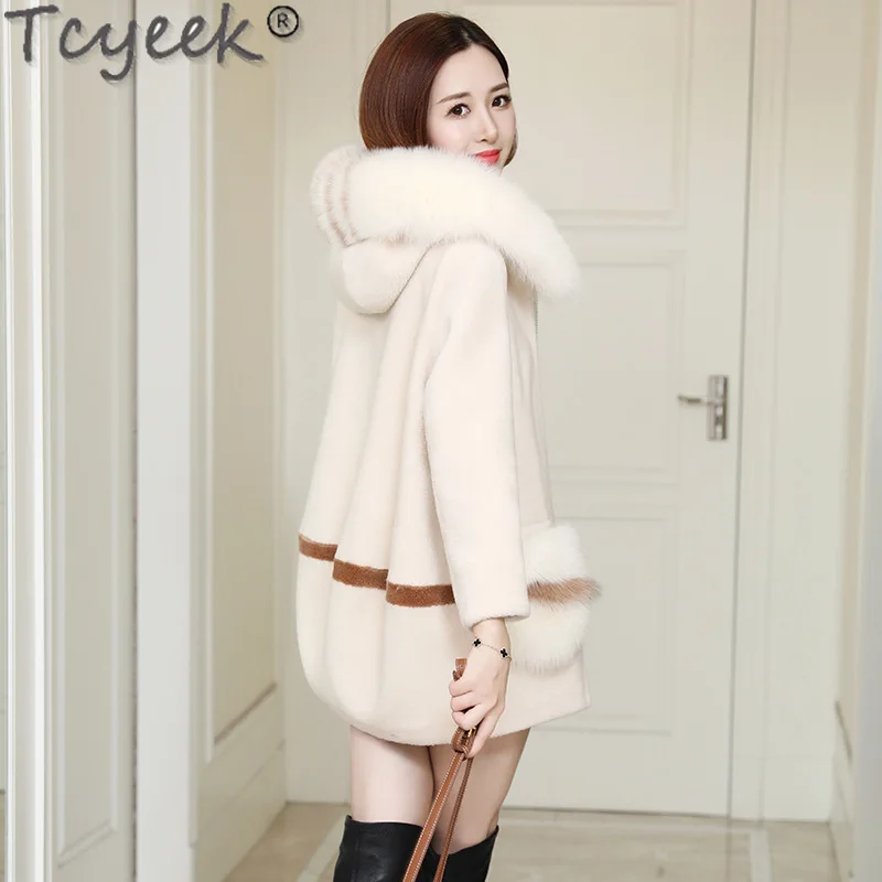 Tcyeek 100% Wool Coat Women Clothes Warm Fox Fur Collar Winter Women\'s Fur Jacket Grain Sheep Shearling Coats Пальто Женское