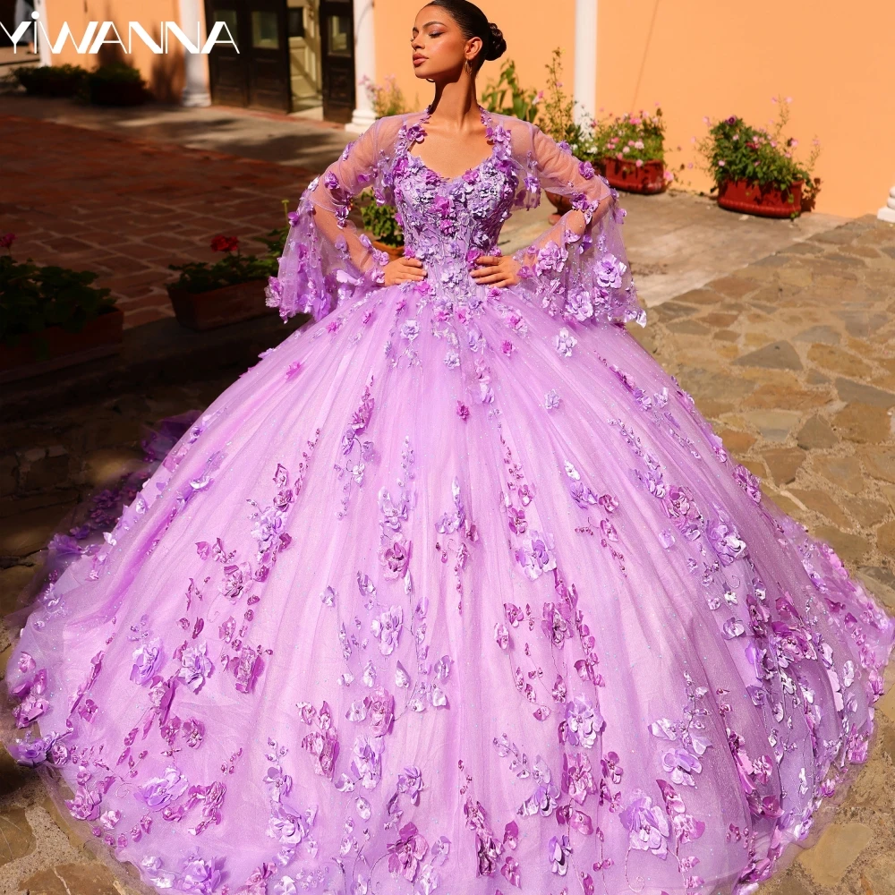 Purple Sequins Pearls Quinceanera Ball Gown Elegant Appliques 3D Flower Prom Dresses Luxury Customized Sweet 16 Dress Vestidos