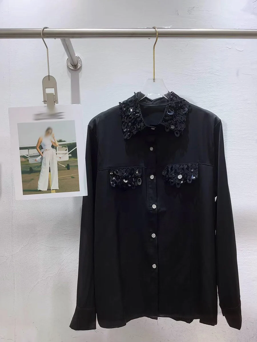GALCAUR Effen Gesplitst Pailletten Chic Shirt Vrouwelijke Revers Lange Mouw Los Ontwerp Minimaist Dames Shirts Herfst Mode Stijl Nieuw