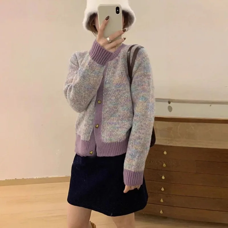 2026 Autumn/Winter New Fashionable Korean Color Blocked Twill Knitted Cardigan Thickened Warm Round Neck Loose Soft Sweater