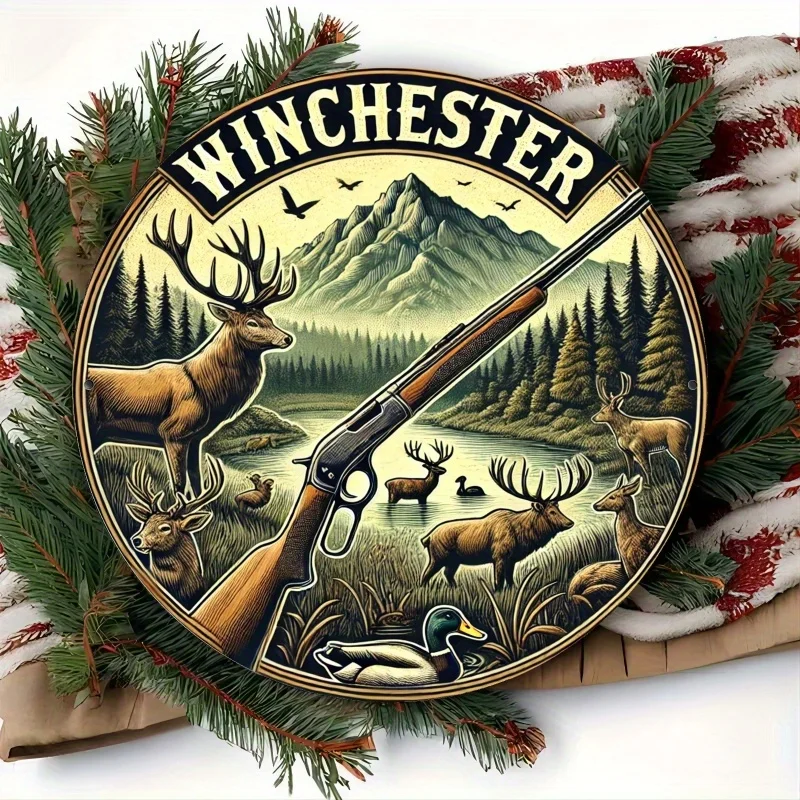 [علامة حائط مستوحاة من الطراز القديم] لافتة حائط مستديرة من الألومنيوم مستوحاة من وينشستر - مشهد صيد ريفي مع غزال وبطة