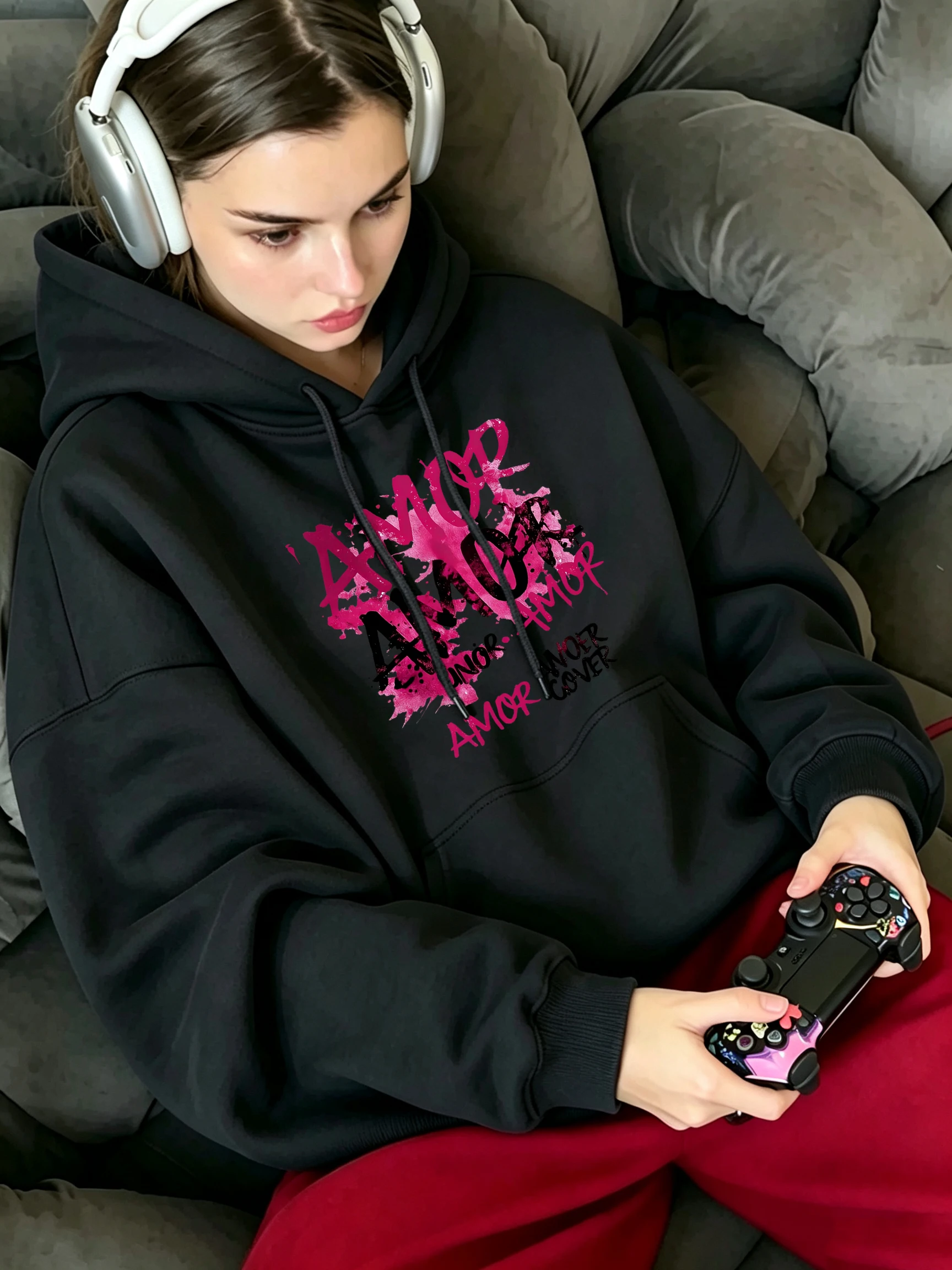 Amor Anoer Cover Pattern Loose Street Pullovers Women Fashion Casual Clothing Fleece Crewneck Hoodie Soft Hip Hop Sportswears