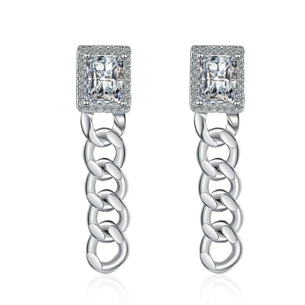 925 Sterling Silver Fashion Trend Rectangular Zircon Chain Stud Earrings Birthday Party Anniversary Gift