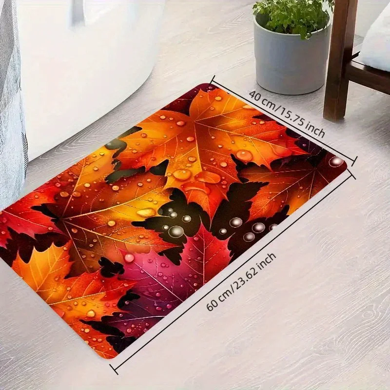 2D Flat Autumn Leaves Water Drops Red Orange Flannel Area Rug Non Slip Fall Decor Carpet For Living Room Bedroom Floor