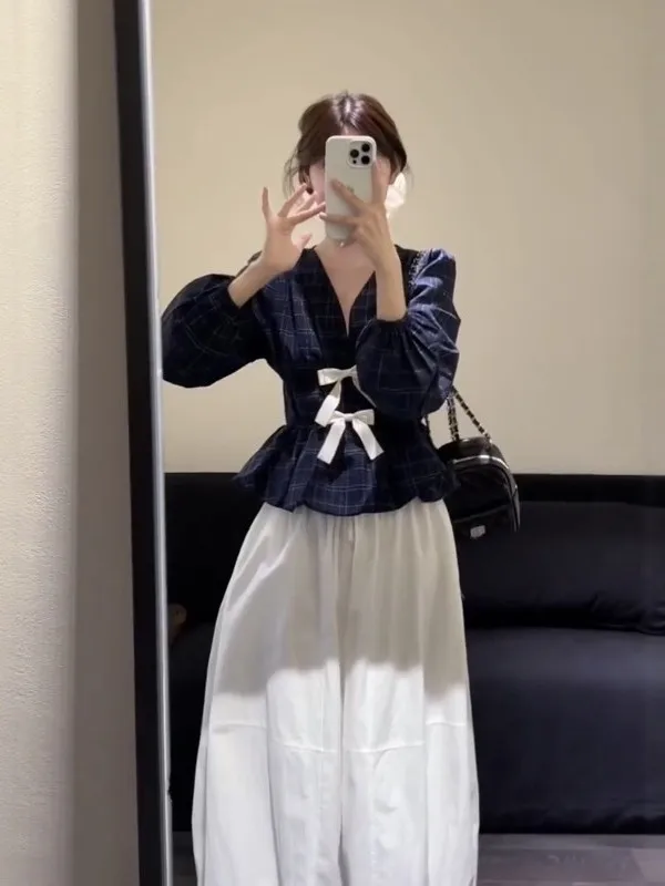 

Retro Bow Tie Plaid V Ne irt Women Spring Autumn Design Sense Waist Inward Slimming Personali Top Korean Sle Lo...