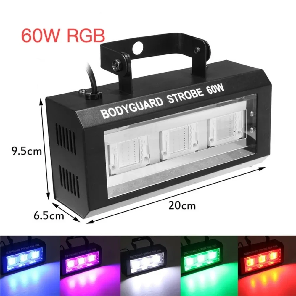 60W RGB LED Party Strobe Light Auto-run Disco Sound Party Stroboscope White Strobo Speed Adjustable Stage Lighting For Mobile DJ