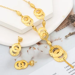Gold Color Long Necklace and Earrings Jewelry Set Italian Plated Copper Drop Earrings and Necklace Party Anniversary