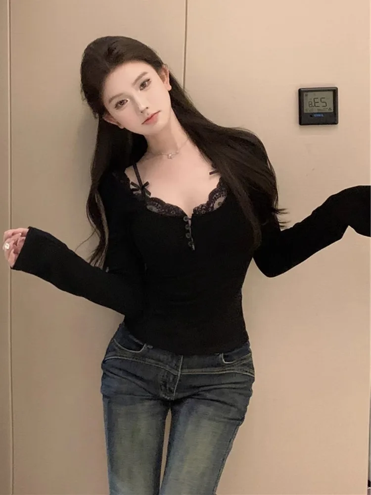 

Женская футболка больших размеров с длинным рукавом и кружевной отделкой, корректирующая фигуру, базовый слой, в корейском стиле, для повседневной носки, с V-образным вырезом и узлом, стандартный крой.