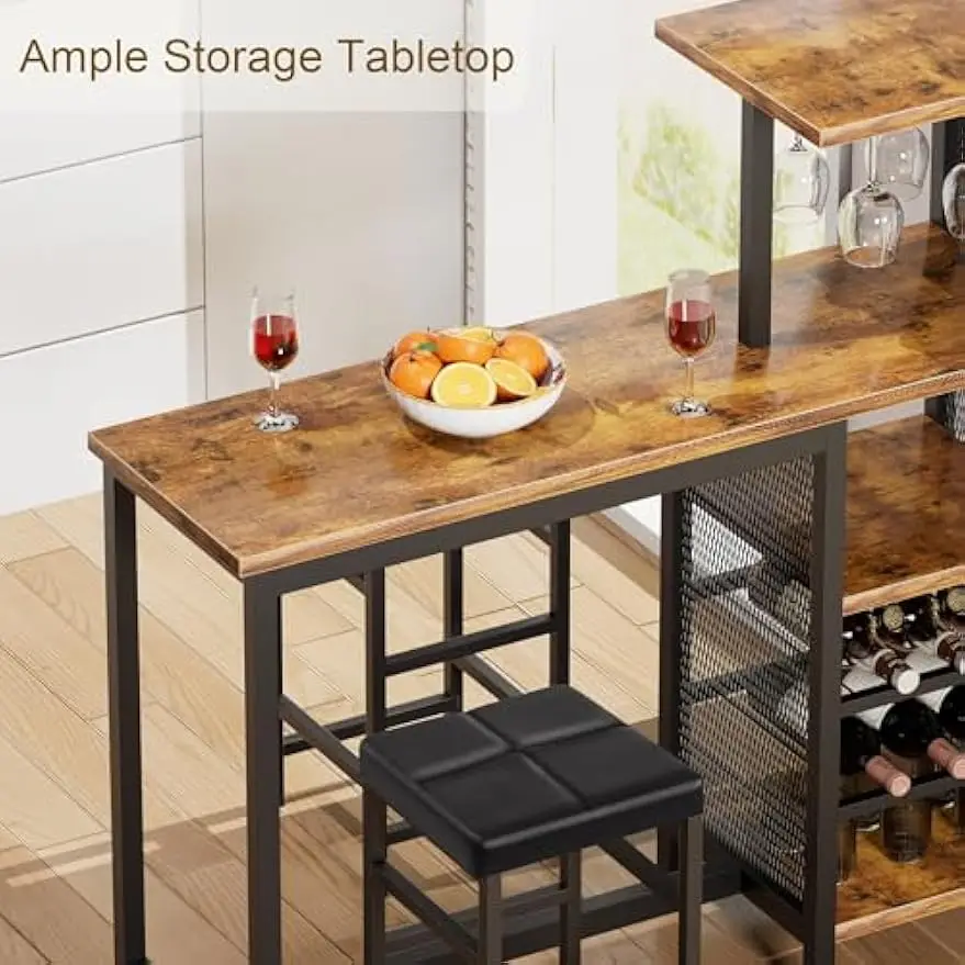 Juego de mesa y sillas de Bar para comedor, Mostrador de cocina alto con estantes de almacenamiento, portavasos y estante para vino, cojín de cuero PU