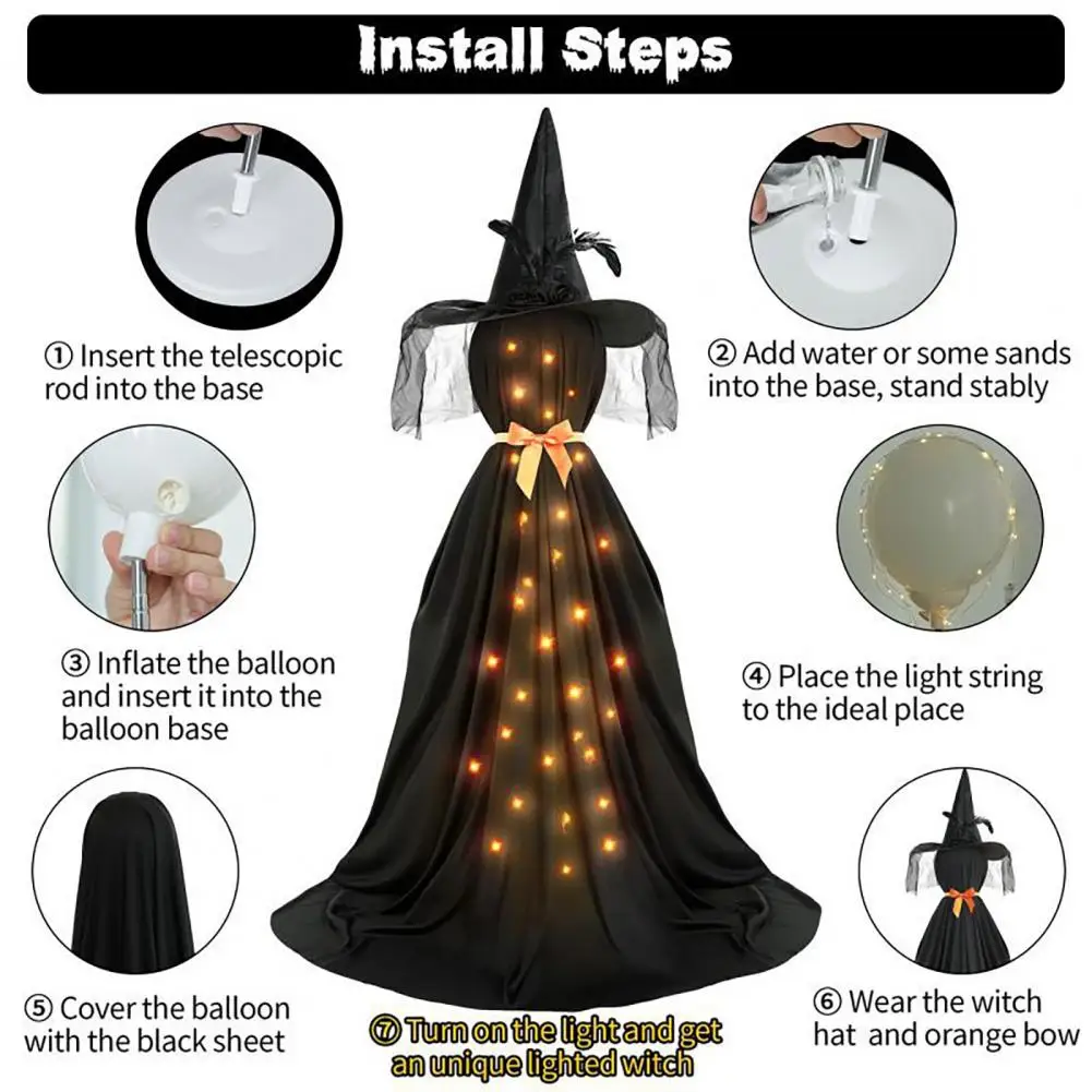 Adjustable Height Spooky Decorations Telescopic Pole Halloween Decor Spooky Black Ghost with Witch Hat for Porch for Front