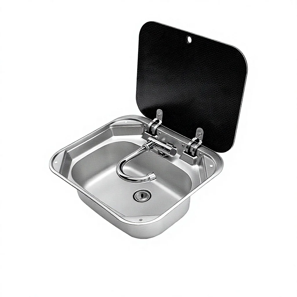 RV Sink Foldable Faucet Lid Square Flip-Top Design 304 Stainless Steel Wash Basin Single Bowl Swivel-Adjustable Deck Mounted