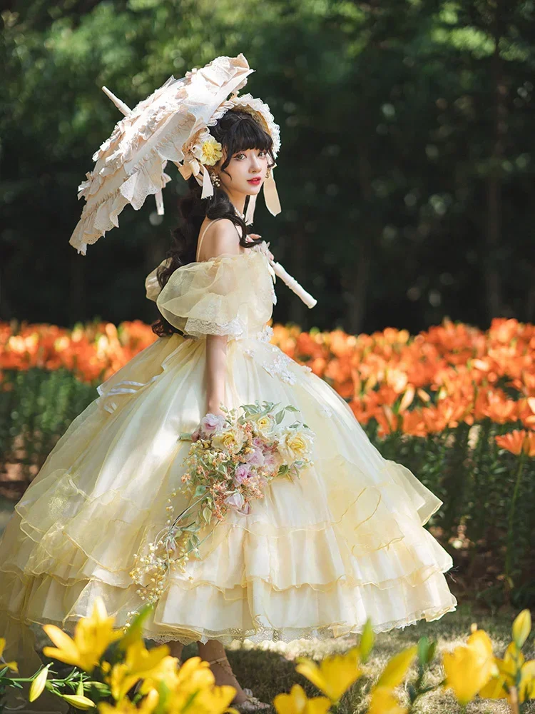 ฤดูร้อนญี่ปุ่นสีเหลือง Lolita JSK Sweet Lolita Straped หญิงสาวโบว์ JSK ผู้หญิง Lace Loli Kawaii ชุดแต่งงาน