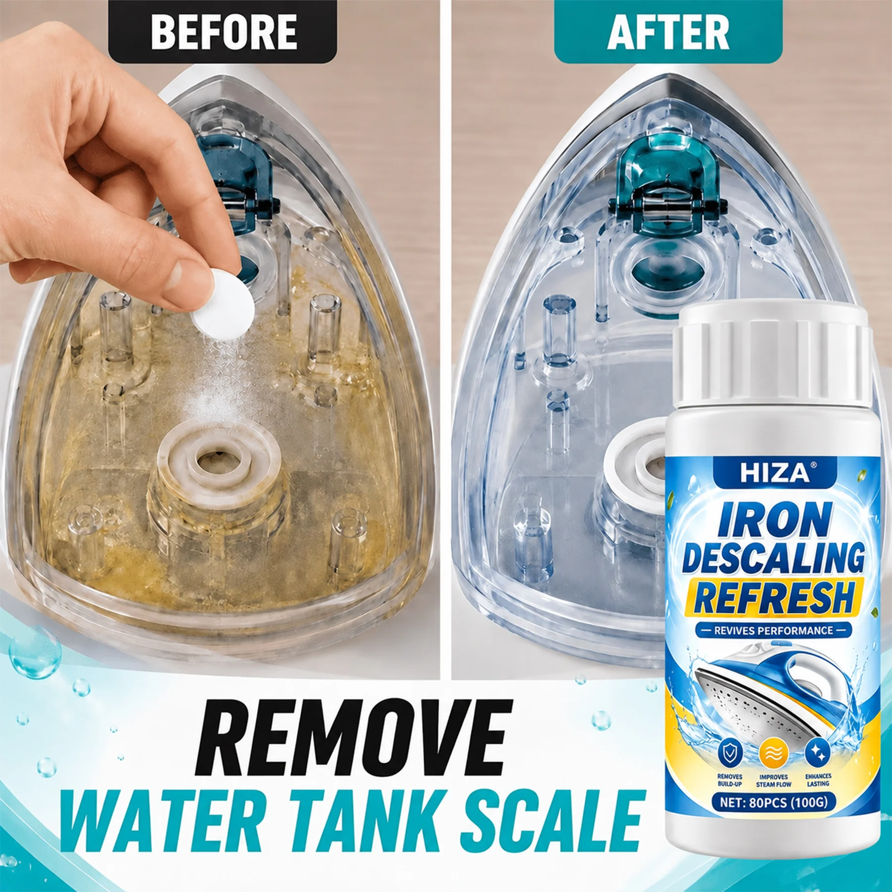 HIZA Steam Iron Descaler Tablets, Dissolve Limescale, Restore Steam Output, Safe & Easy for Garment Steamer Maintenance