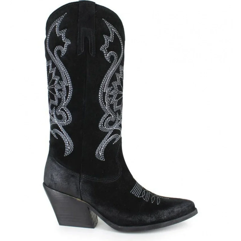 Women's Suede Western Cowboy Knee High Boots Floral Scroll Embroidery Pointed Snip Toe Chunky Stacked Heel Vintage Footwear