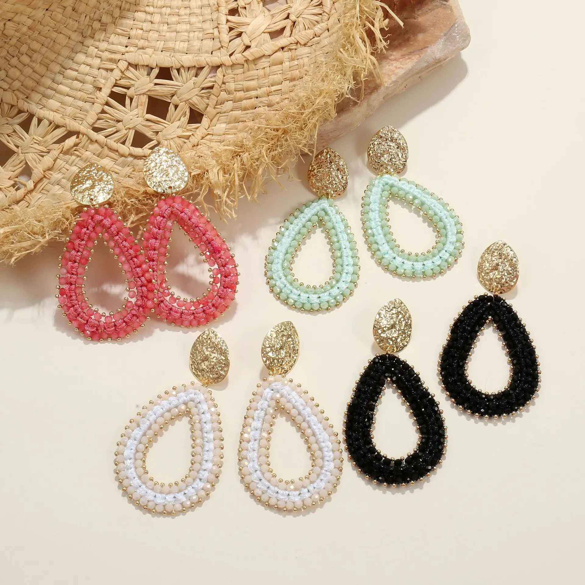Rice bead earrings Water droplet Recessed design Crystal Hand-woven  Pattern Bohemia Alloy Woman Fashion Simple Beaded earrings