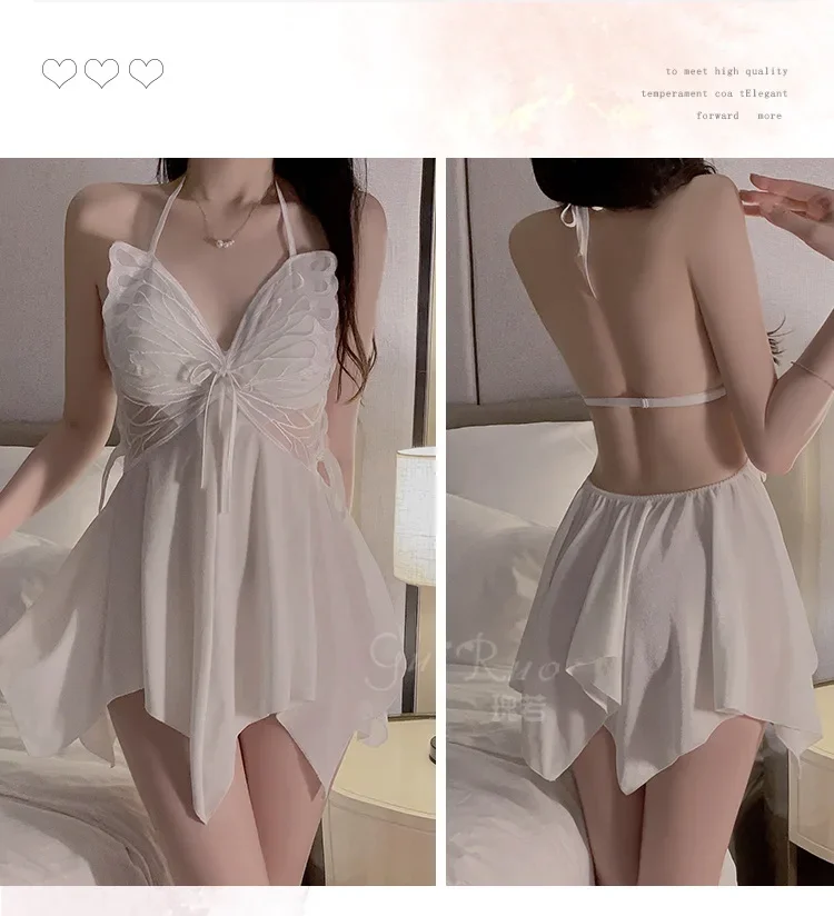 2025 New underwear sexy butterfly lace perspective deep V temptation plus chest pad velvet nightdress robe women's suit