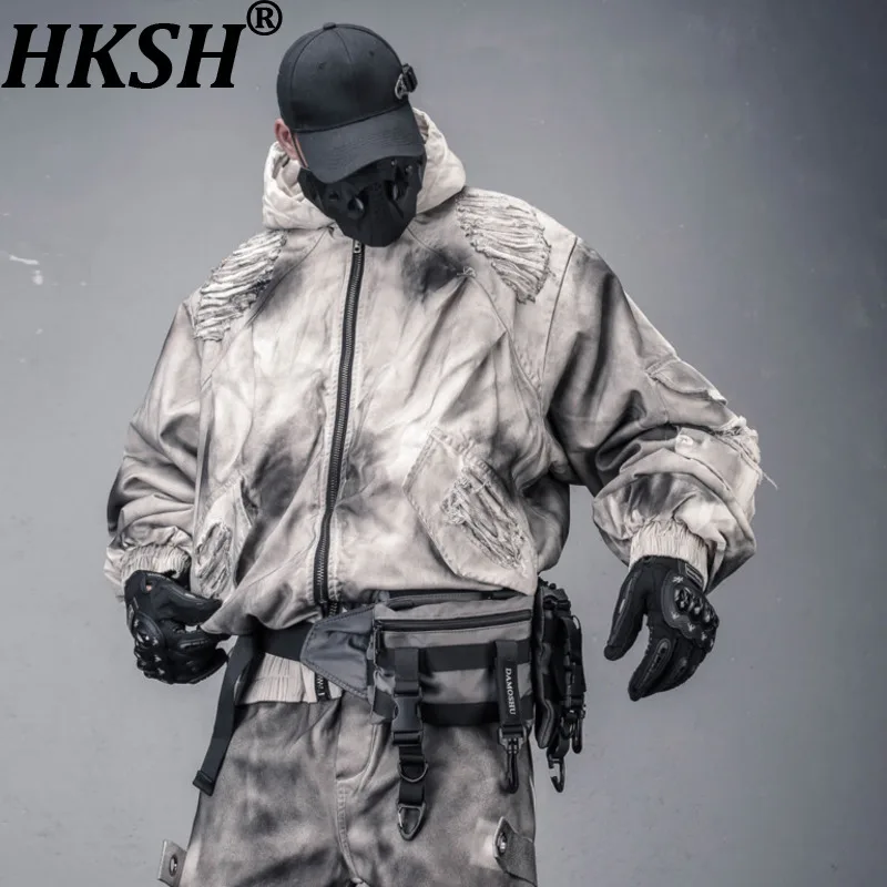 

HKSH Autumn Winter New Men Waste Land Dirty-Dye Distressed Ripped Hooded Cotton Jacket Trendy Punk Ins Loose Padded Coat HK16529