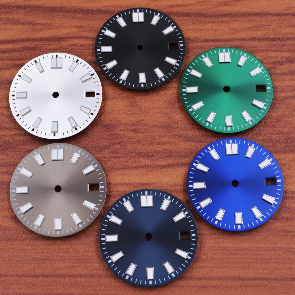 

Зеленый светящийся циферблат часов 28,5 мм, подходит для механизма NH35 NH36, черный/белый/коричневый/темно-синий/синий/зеленый, аксессуары для часов, стерильный циферблат