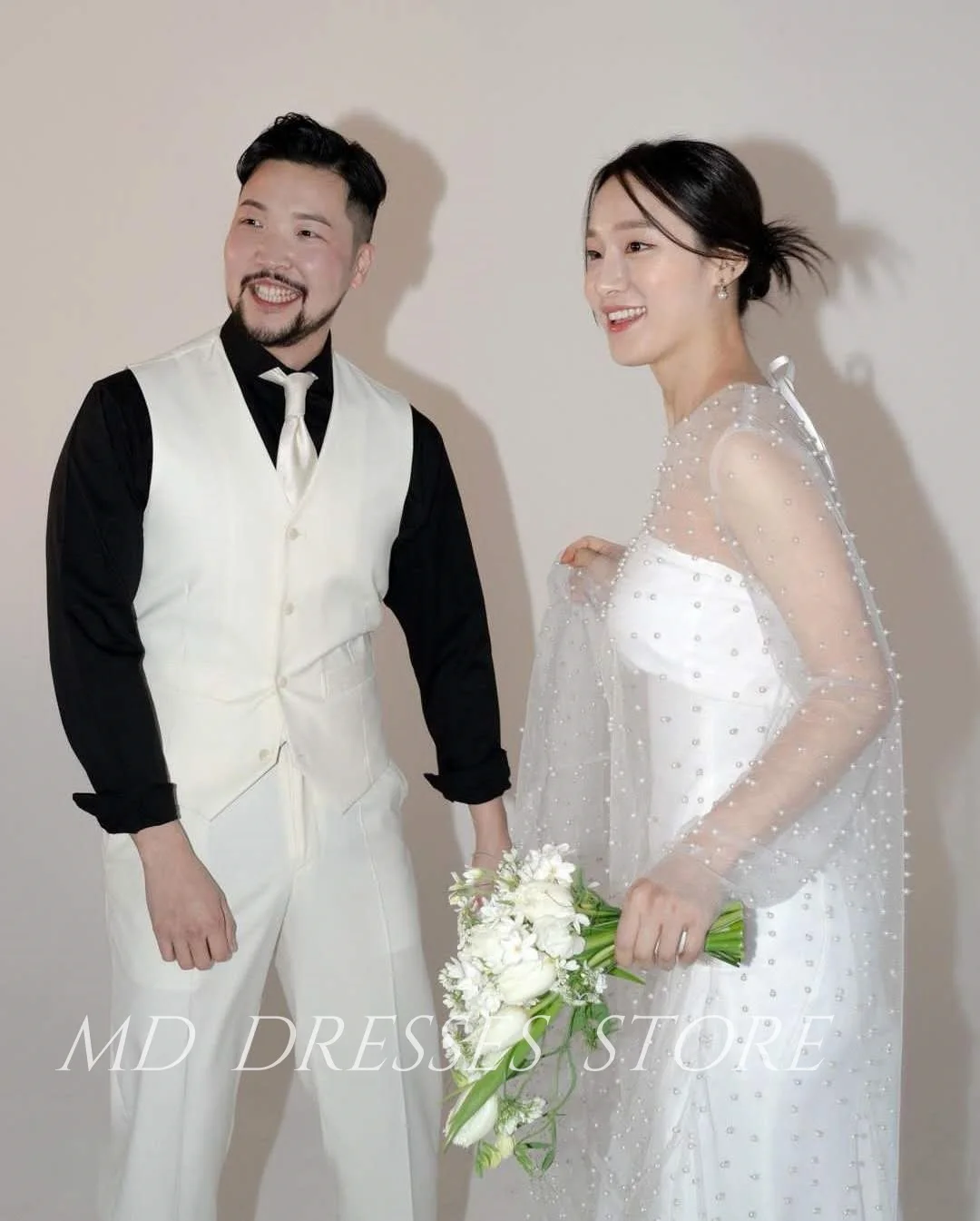 MD 2025 Modern White Wedding Dresses Beaded Full Sleeve Floor-Length Korea Photo shooting Trumpet For Bridal Gowns Customized