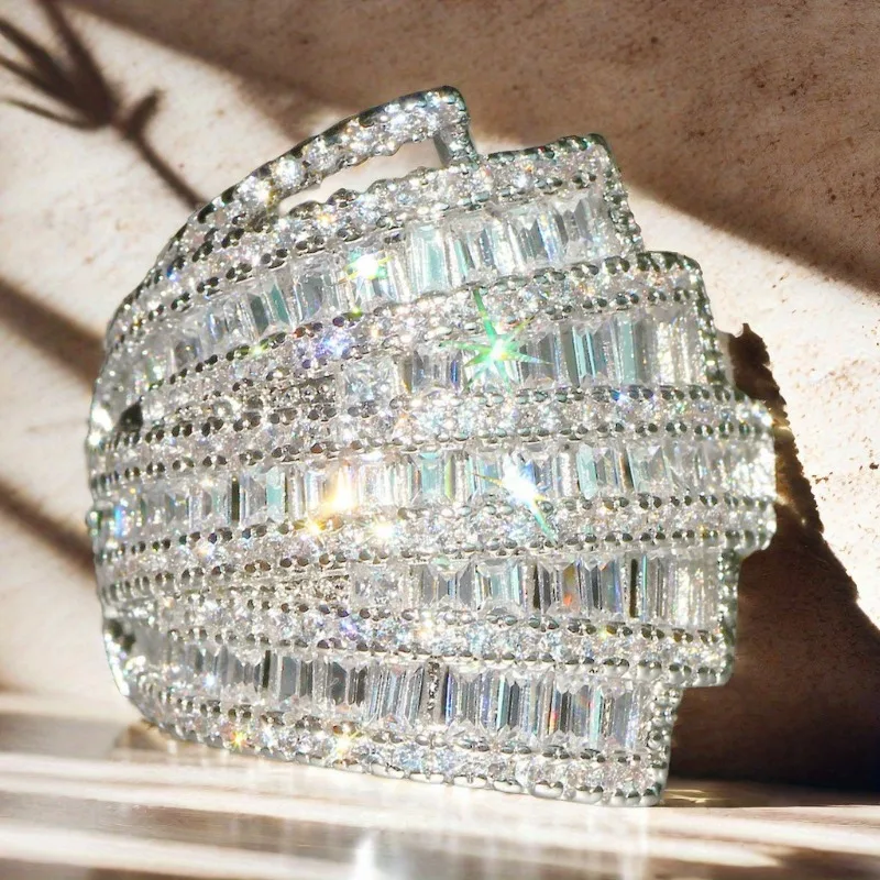 Anel feminino de luxo, cor prata, quadrado, com zircônia branca incrustada, geometria, uso diário, joias para festa