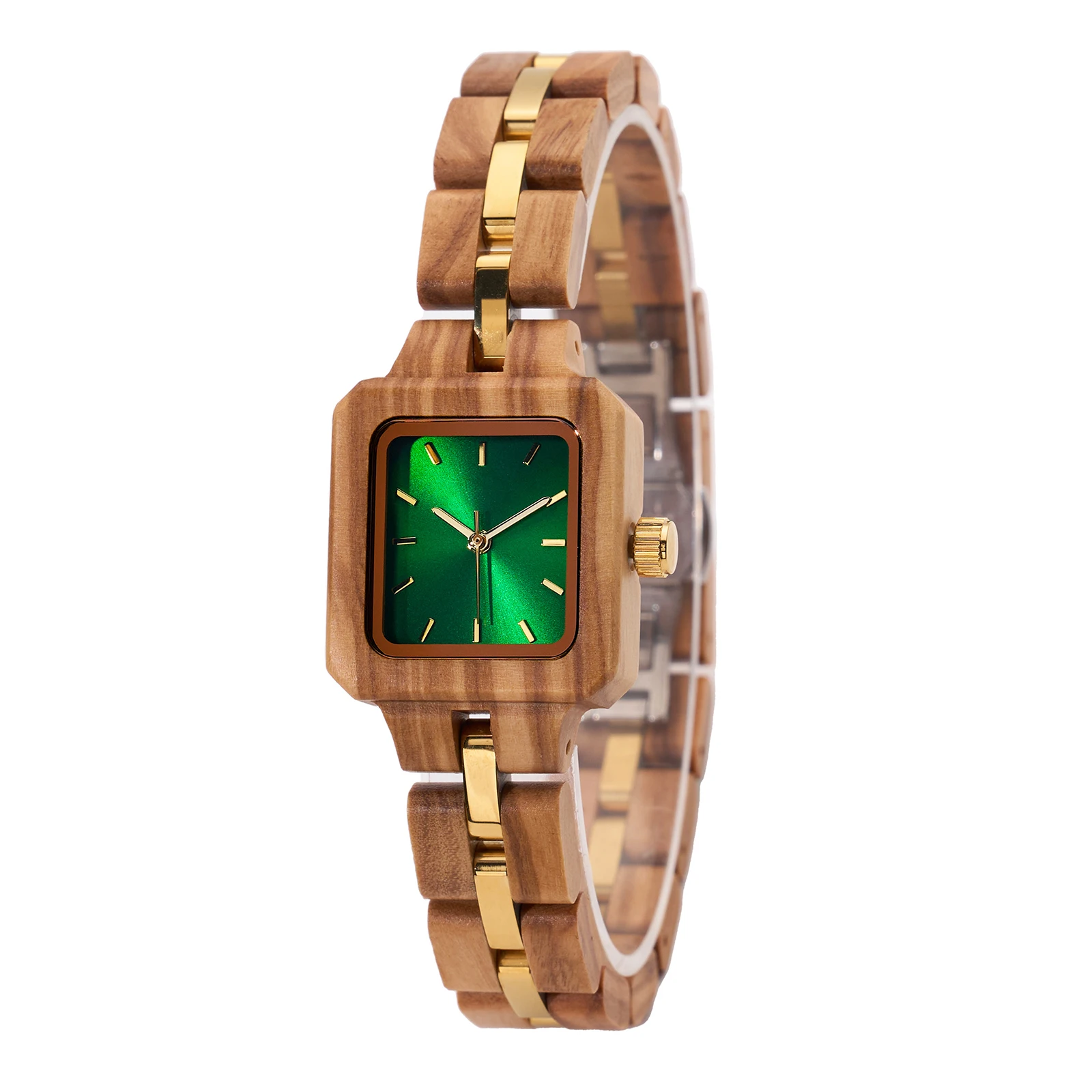 Fashion Green Agate Wooden Watch for Women with Square Shape and Elegant Butterfly Clasp Daily Style