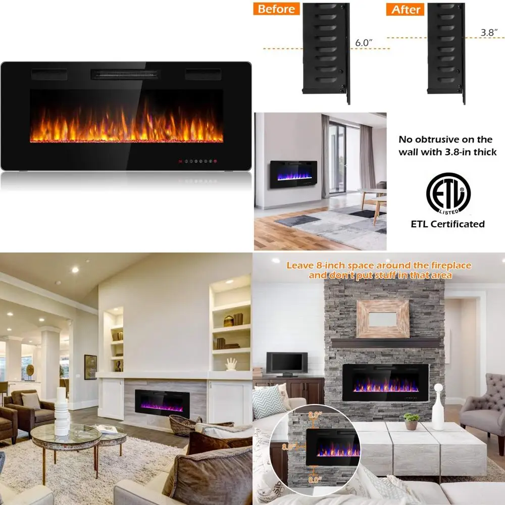

42 In-Wall/Mounted Electric Fireplace Heater, Adjustable Flame & Speed Control