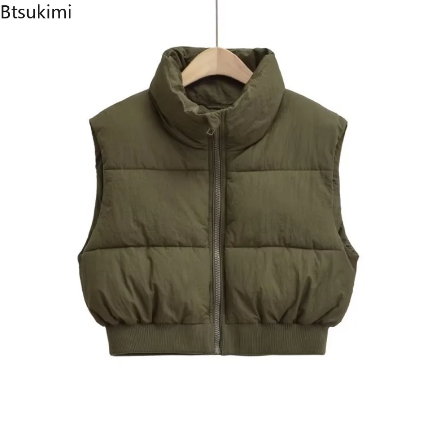 2025 Autumn Winter Women's Short Cotton Down Vest Short Stand-up Collar Warm Sleeveless Quilted Vest Outdoor Travel Jacket Tops